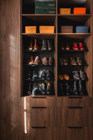 Rangement chaussures intégré dans un dressing sur mesure en finition noyer réalisé à Caen.