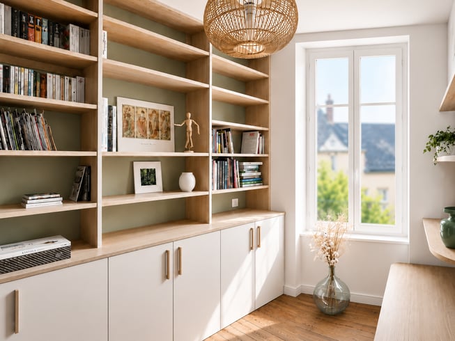 Bibliothèque intégrée couleur chêne aux lignes épurées.
