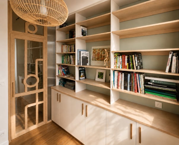 Une bibliothèque qui habille le mur avec légèreté.