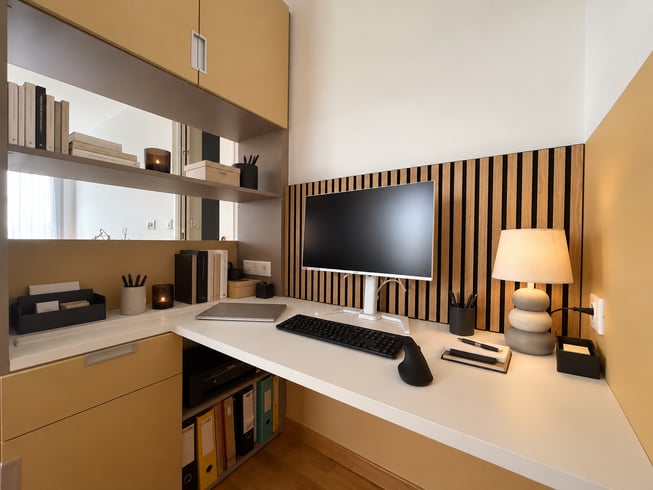 Vu d'un bureau avec du rangement et niche ouverte coloris moustarde