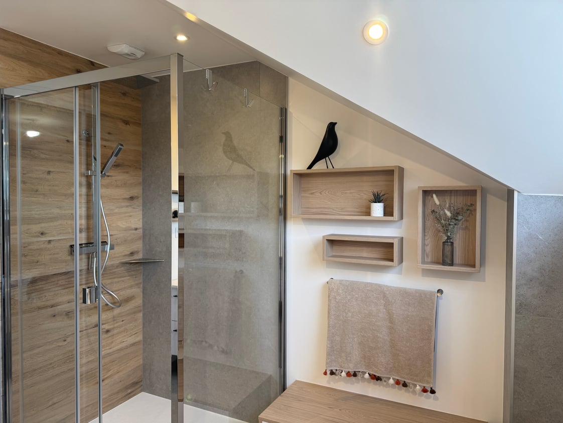 Vue sur la douche intégrée ainsi que les niches décoratives bois