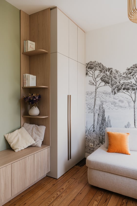 Banquette intégrée, niches en bois et rangements sur mesure dans un salon lumineux. Banquette intégrée, niches en bois et rangements sur mesure dans un salon lumineux.