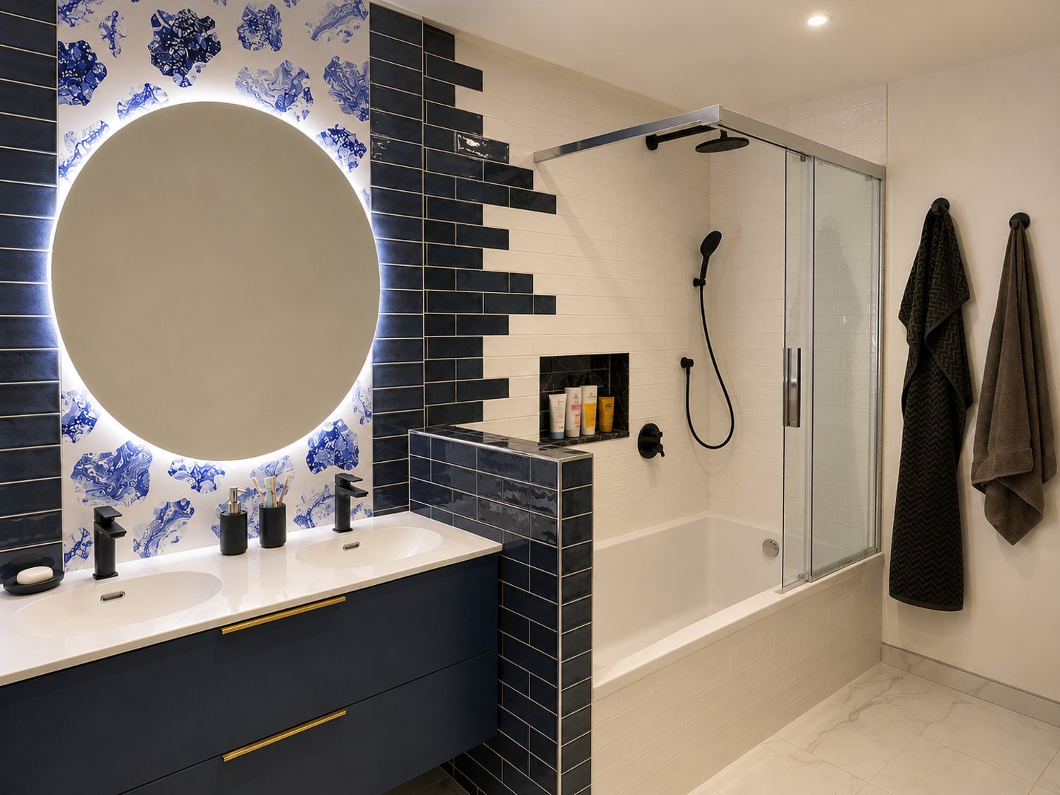 Salle de bain élégante aux touches bleu profond et au style affirmé Salle de bain élégante aux touches bleu profond et au style affirmé