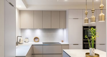 Cuisine grise et blanche lumineuse ouverte perene