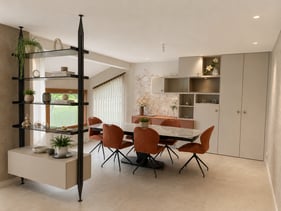 Séjour ambiance beige et terracota avec meuble de rangement Séjour ambiance beige et terracota avec meuble de rangement