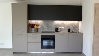 Vue de face de la cuisine ouverte champagne et carbone