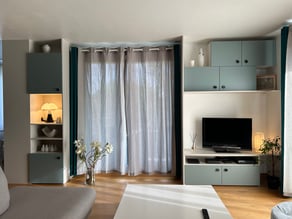 salon avec un meuble tv et du rangement avec des niches vert et blanc