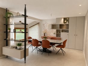 Séjour ambiance beige et terracota avec meuble de rangement