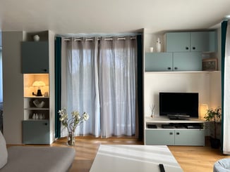 salon avec un meuble tv et du rangement avec des niches vert et blanc salon avec un meuble tv et du rangement avec des niches vert et blanc