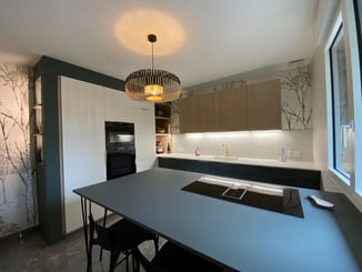 Cuisine avec armoire de rangement et ilot central bois blanc et vert