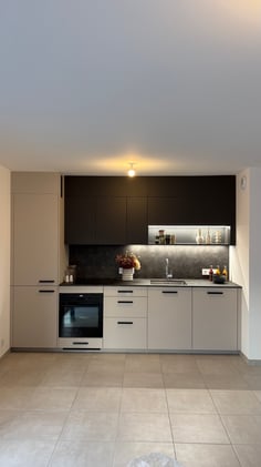 Vue de face sur les façades coloris champagne et gris profond