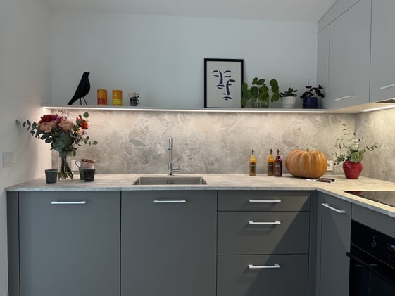 Vue sur l'étagère, point central de la cuisine ouverte