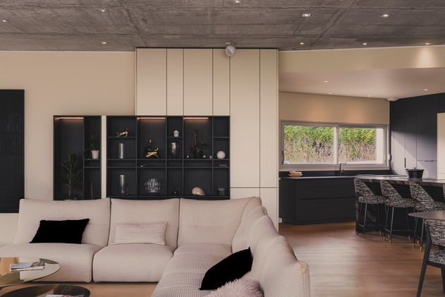 vue d’ensemble cuisine et salon dans un espace contemporain structuré