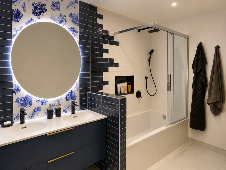 Salle de bain élégante aux touches bleu profond et au style affirmé Salle de bain élégante aux touches bleu profond et au style affirmé