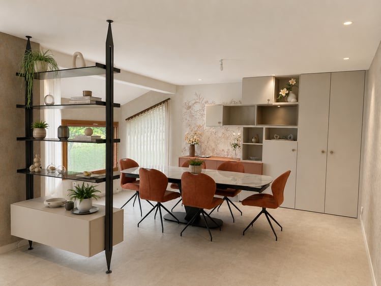 Séjour ambiance beige et terracota avec meuble de rangement