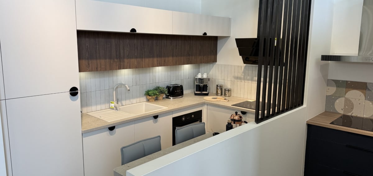Cuisine petit espace en L coloris lin 