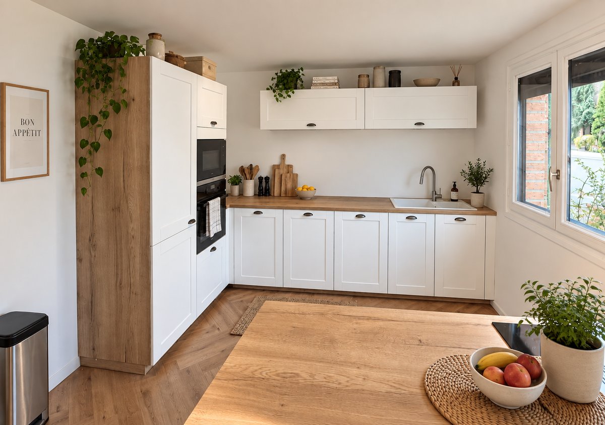 Cuisine blanche a cadre et plan de travail bois 