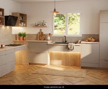 cuisine chaleureuse et épuré , conception adaptée pour les personnes en fauteuil