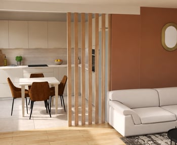 Cuisine ouverte moderne beige et bois, chaleureuse et élégante.