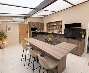 Cuisine bois avec plan travail marbré 