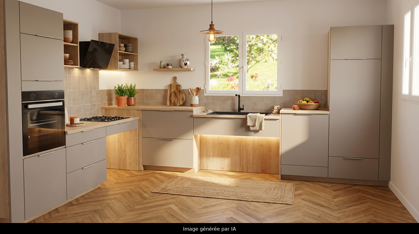 cuisine chaleureuse et épuré , conception adaptée pour les personnes en fauteuil