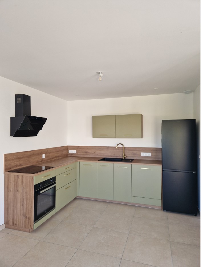 Cuisine moderne de Mme C, en L aux tons vert doux et bois, au design épuré, offrant un espace fonctionnel et chaleureux.