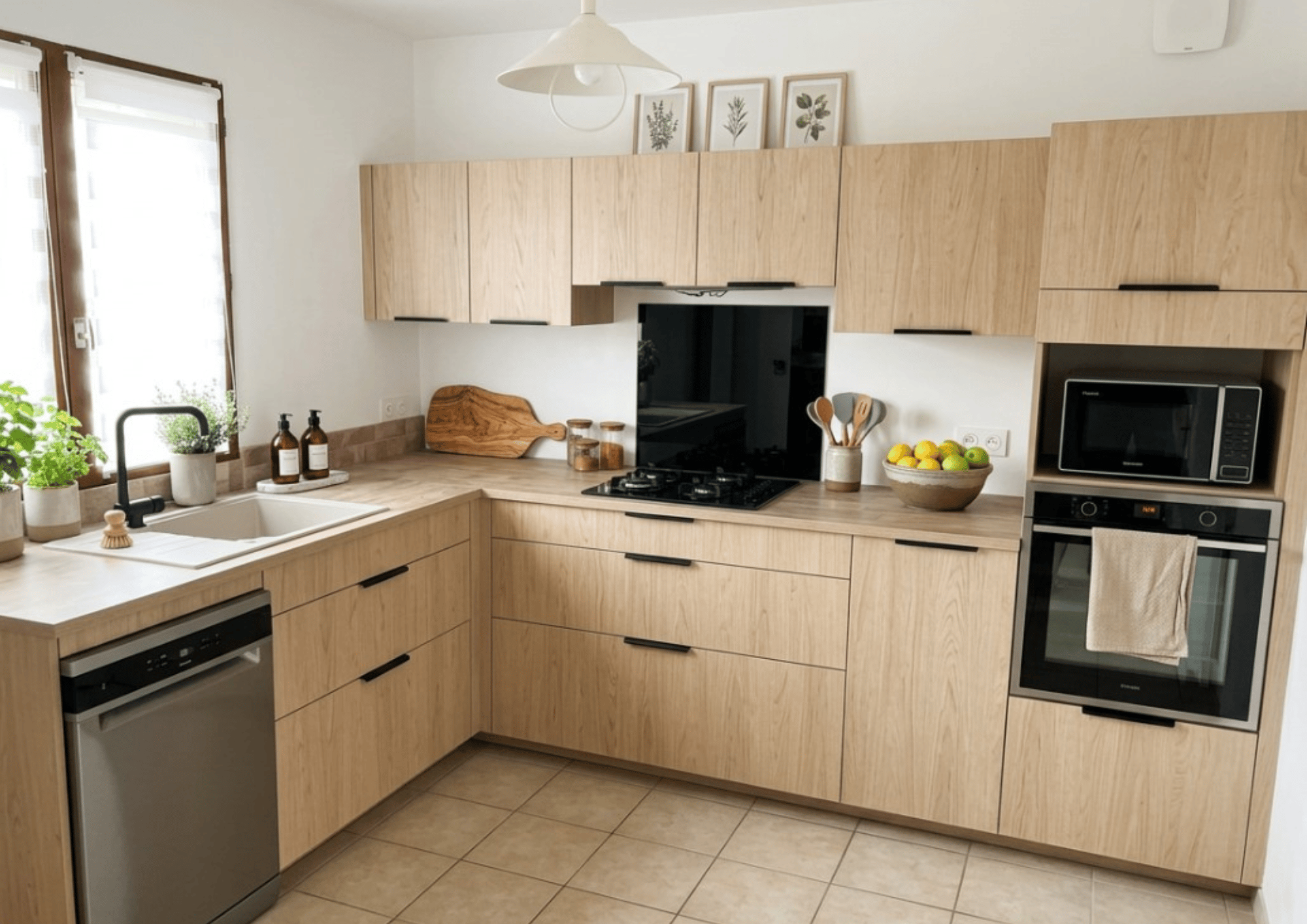 cuisine en L plan de travail et façades bois 