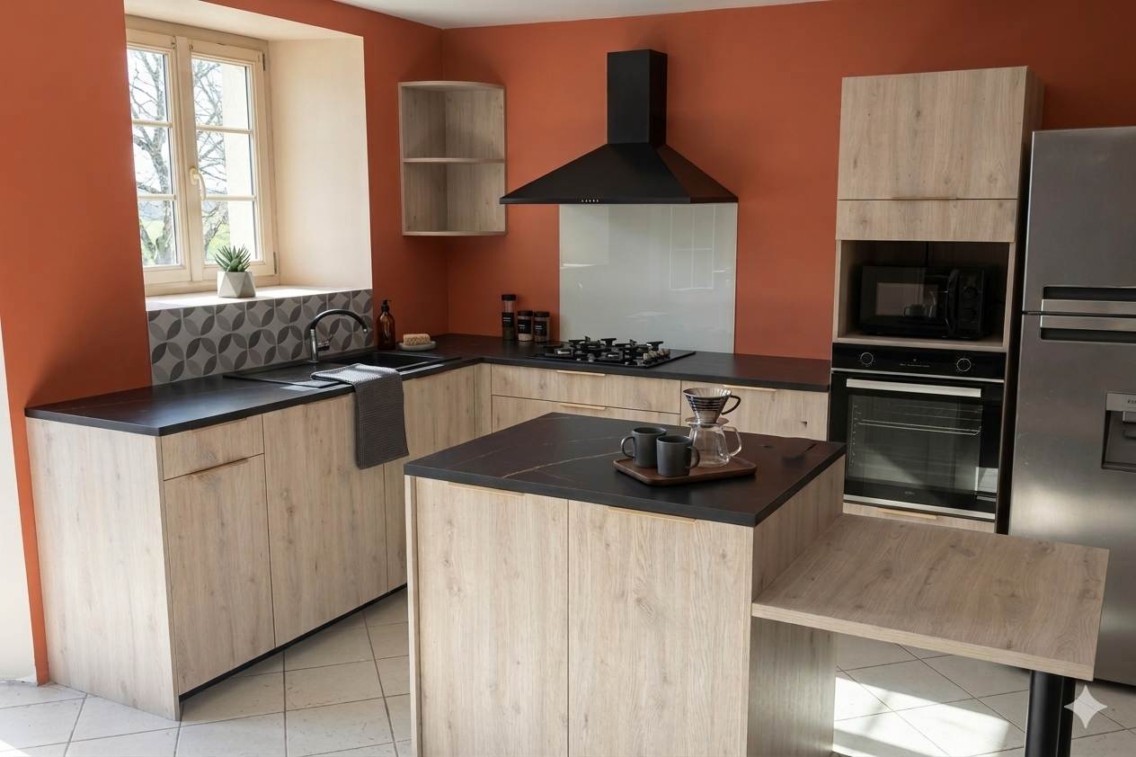 Cuisine bois et plan travail noir