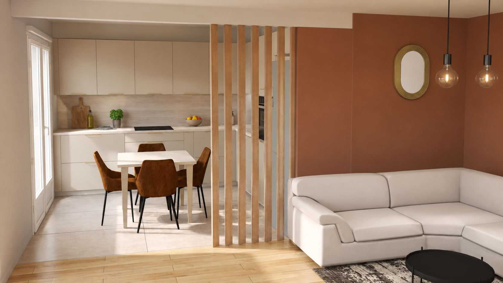 Cuisine ouverte moderne beige et bois, chaleureuse et élégante.