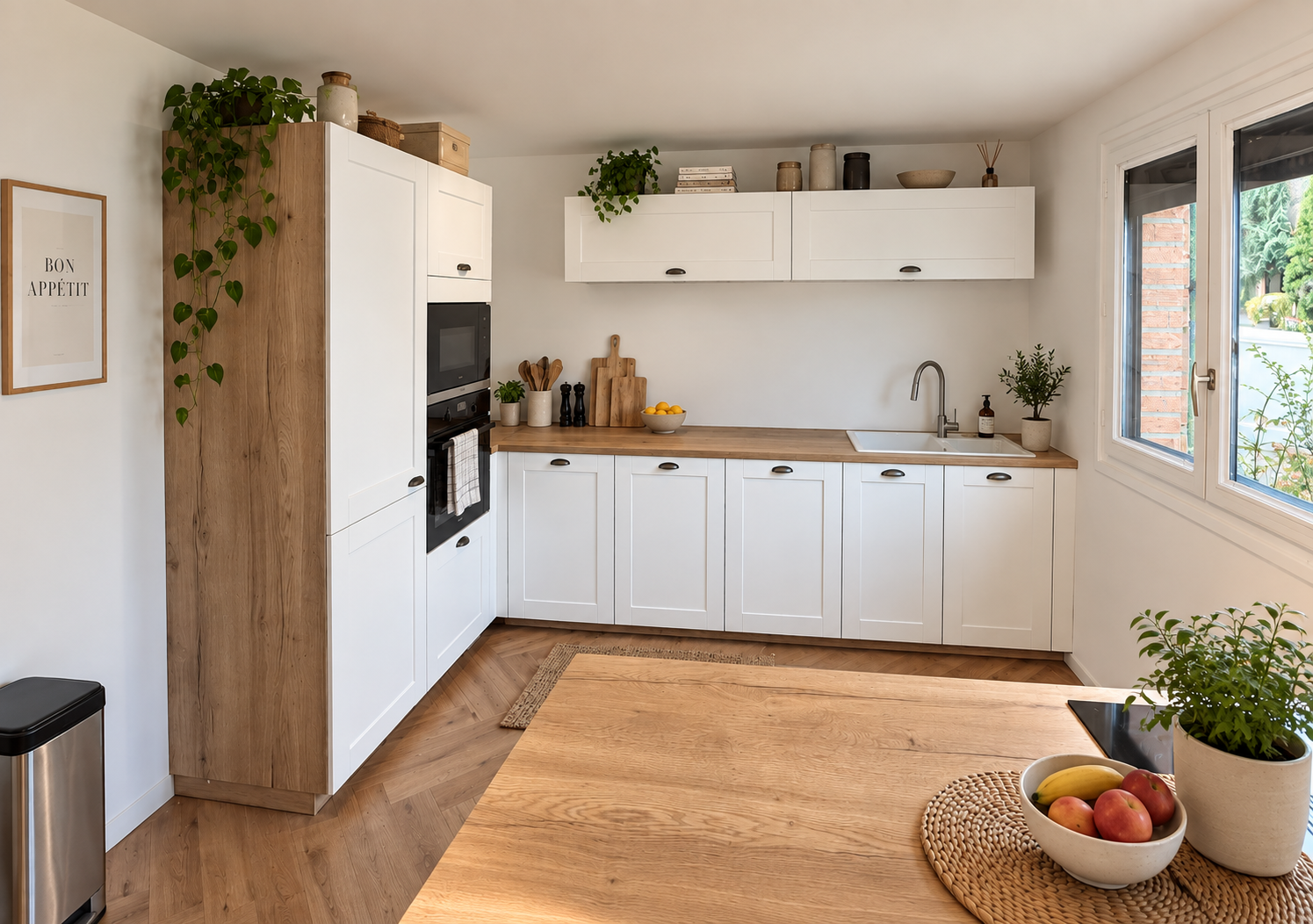 Cuisine blanche a cadre et plan de travail bois 